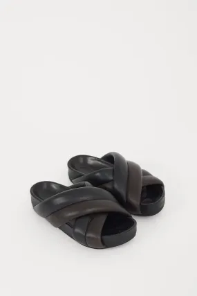 Black & Brown Leather Chunky Platform Slide