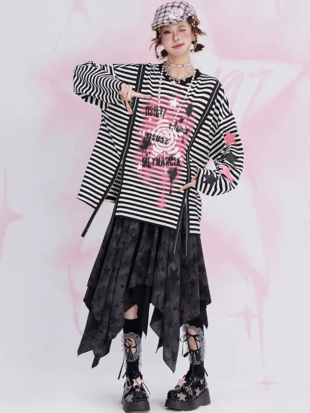 Black and White Y2K Star Graffiti  Zip Striped Loose Sweatshirt