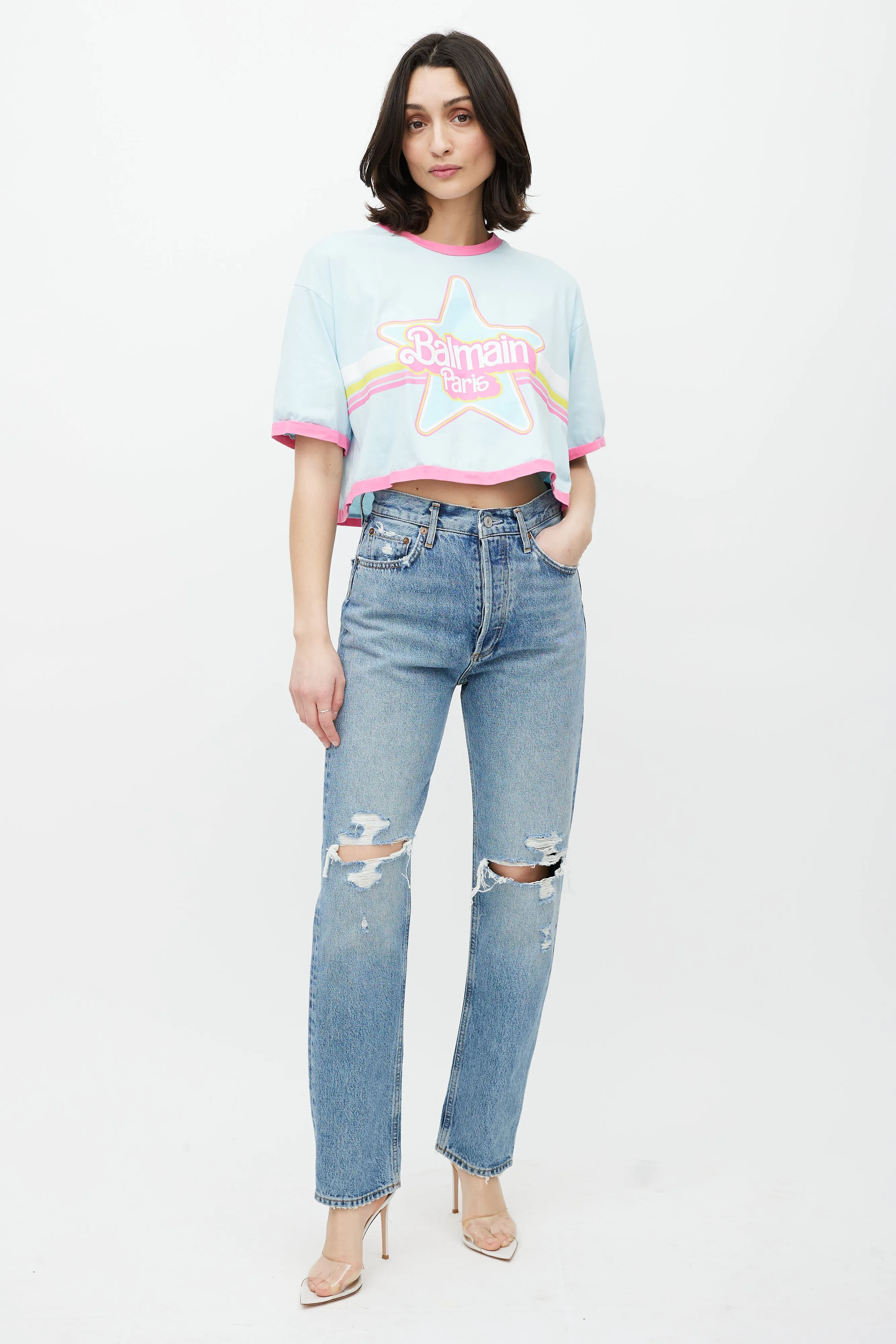 Blue & Multicolour Cropped Logo T-Shirt