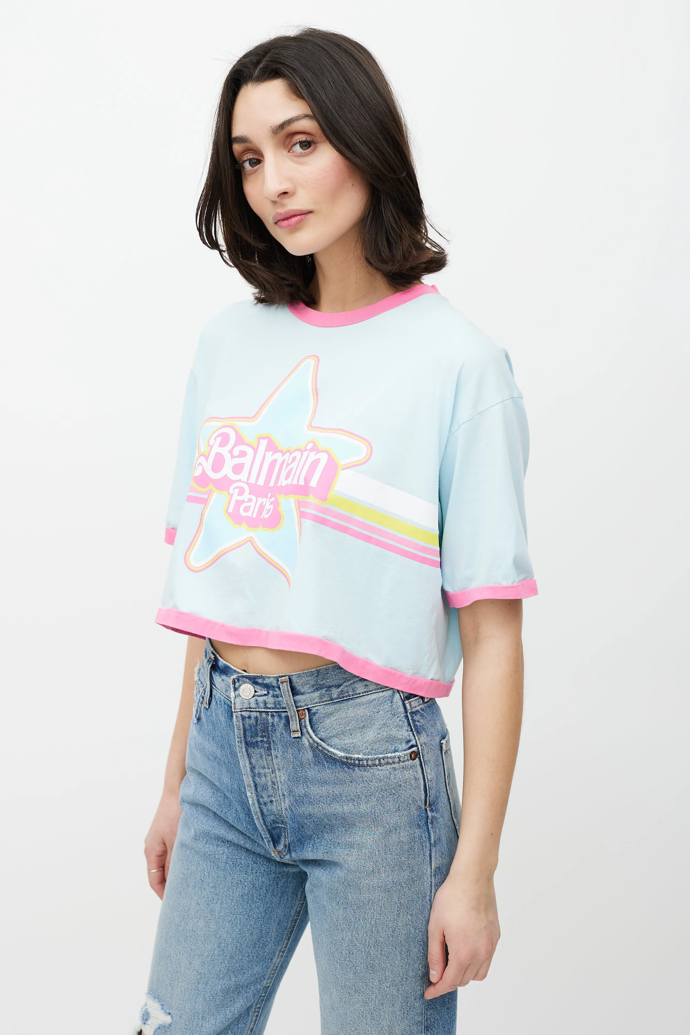 Blue & Multicolour Cropped Logo T-Shirt