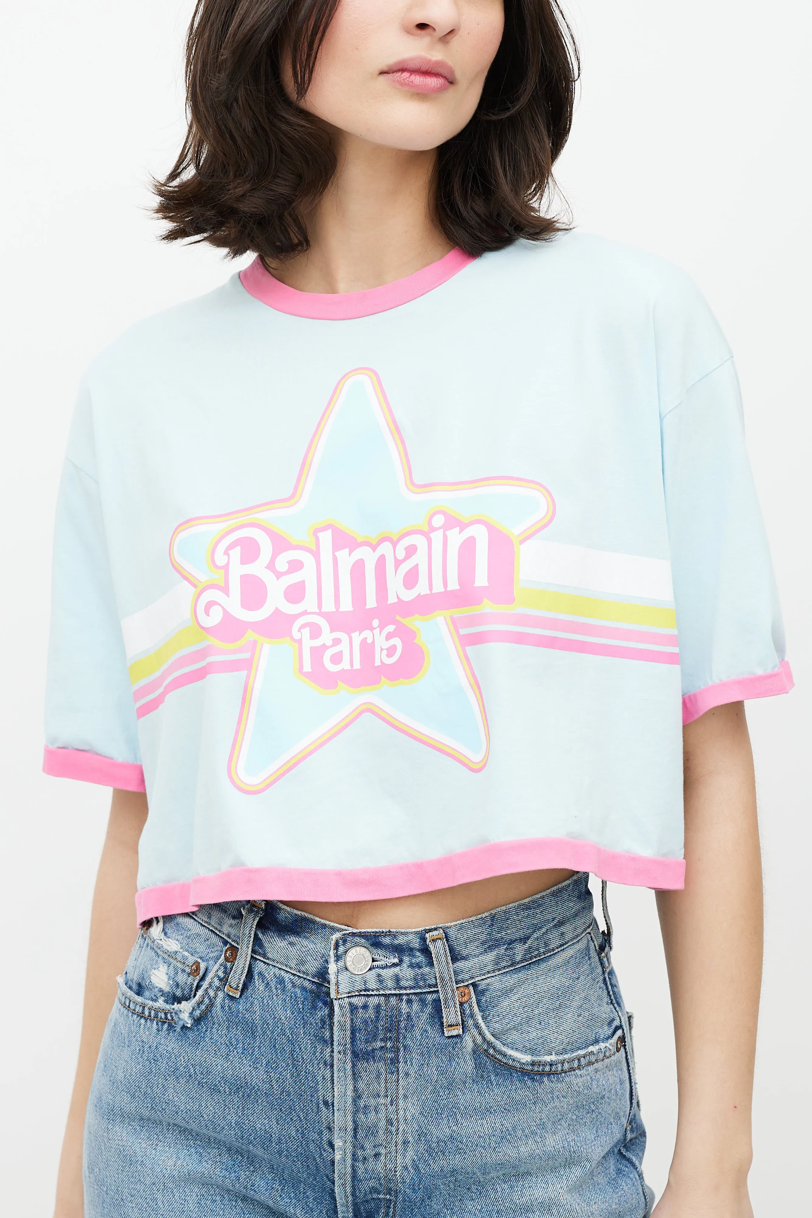 Blue & Multicolour Cropped Logo T-Shirt