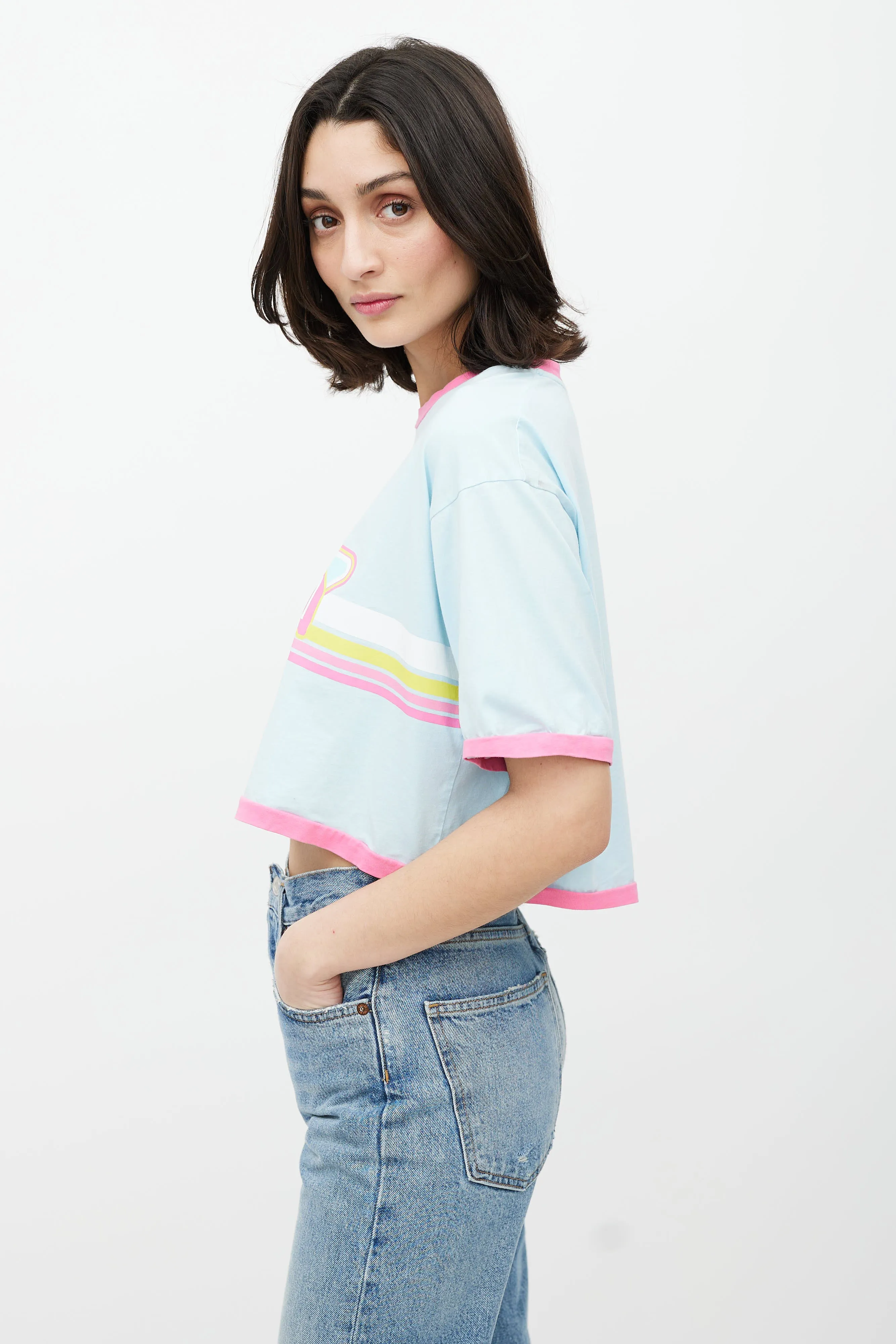 Blue & Multicolour Cropped Logo T-Shirt