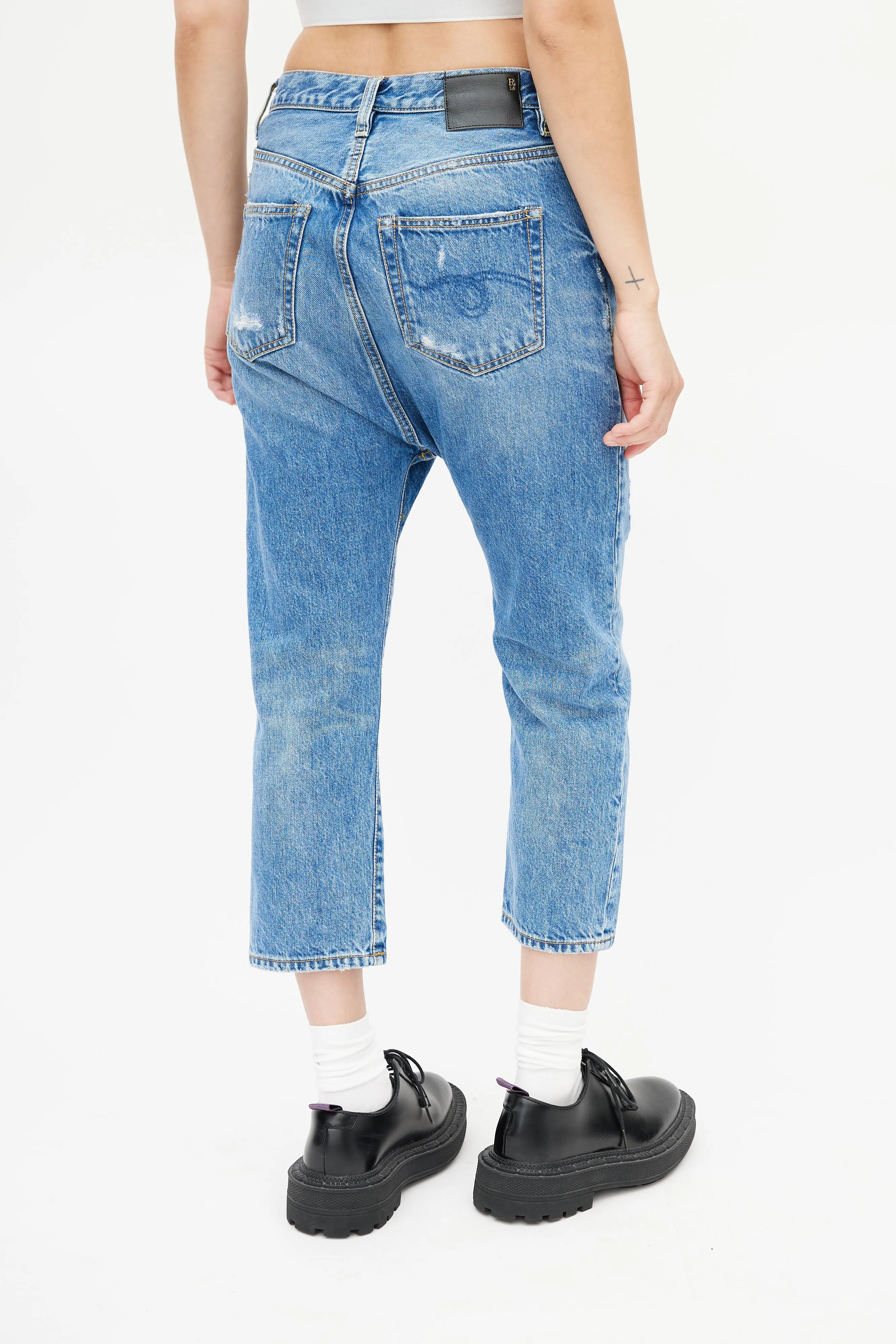 Blue Distressed Cropped Denim Jeans
