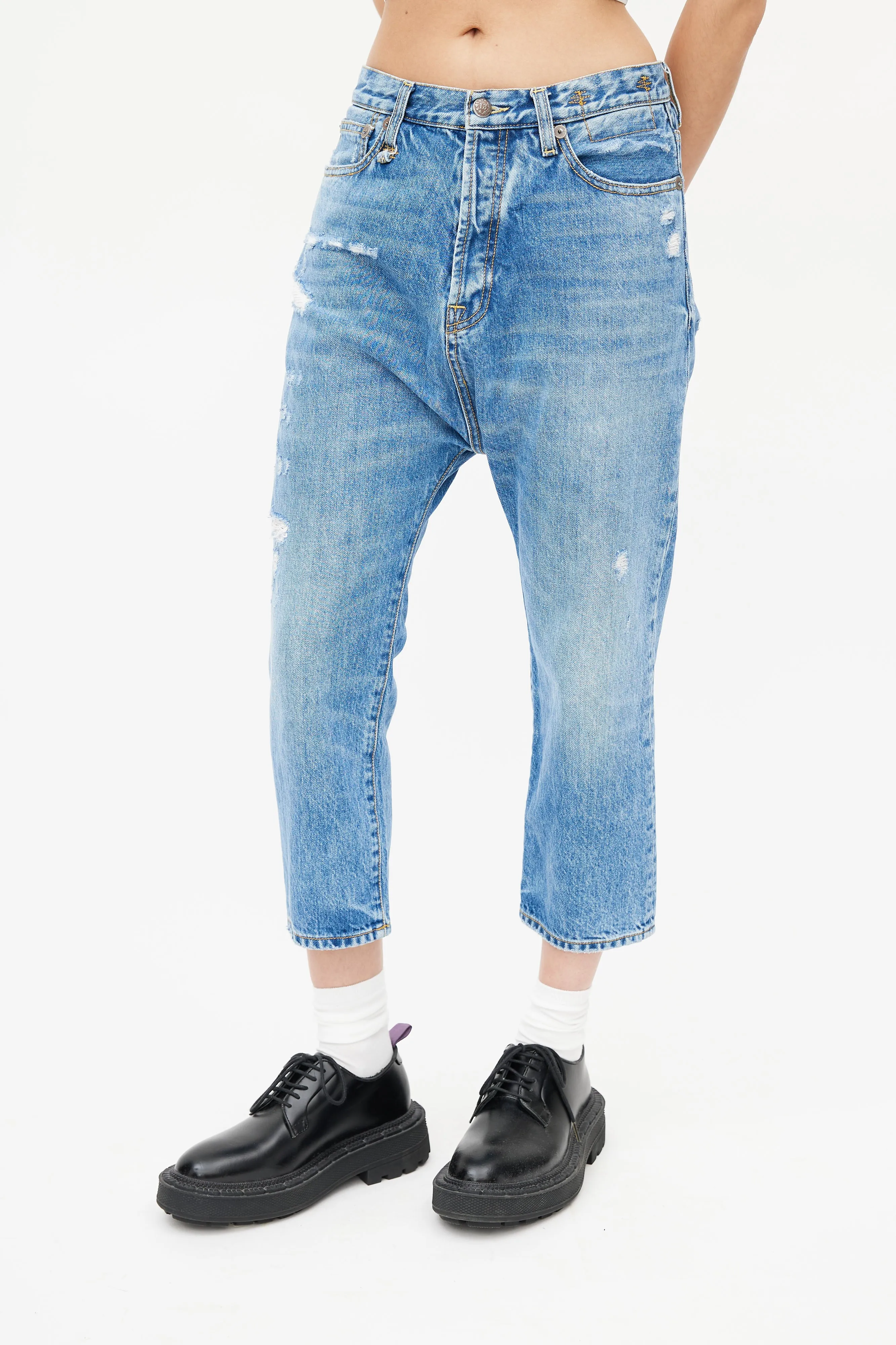 Blue Distressed Cropped Denim Jeans