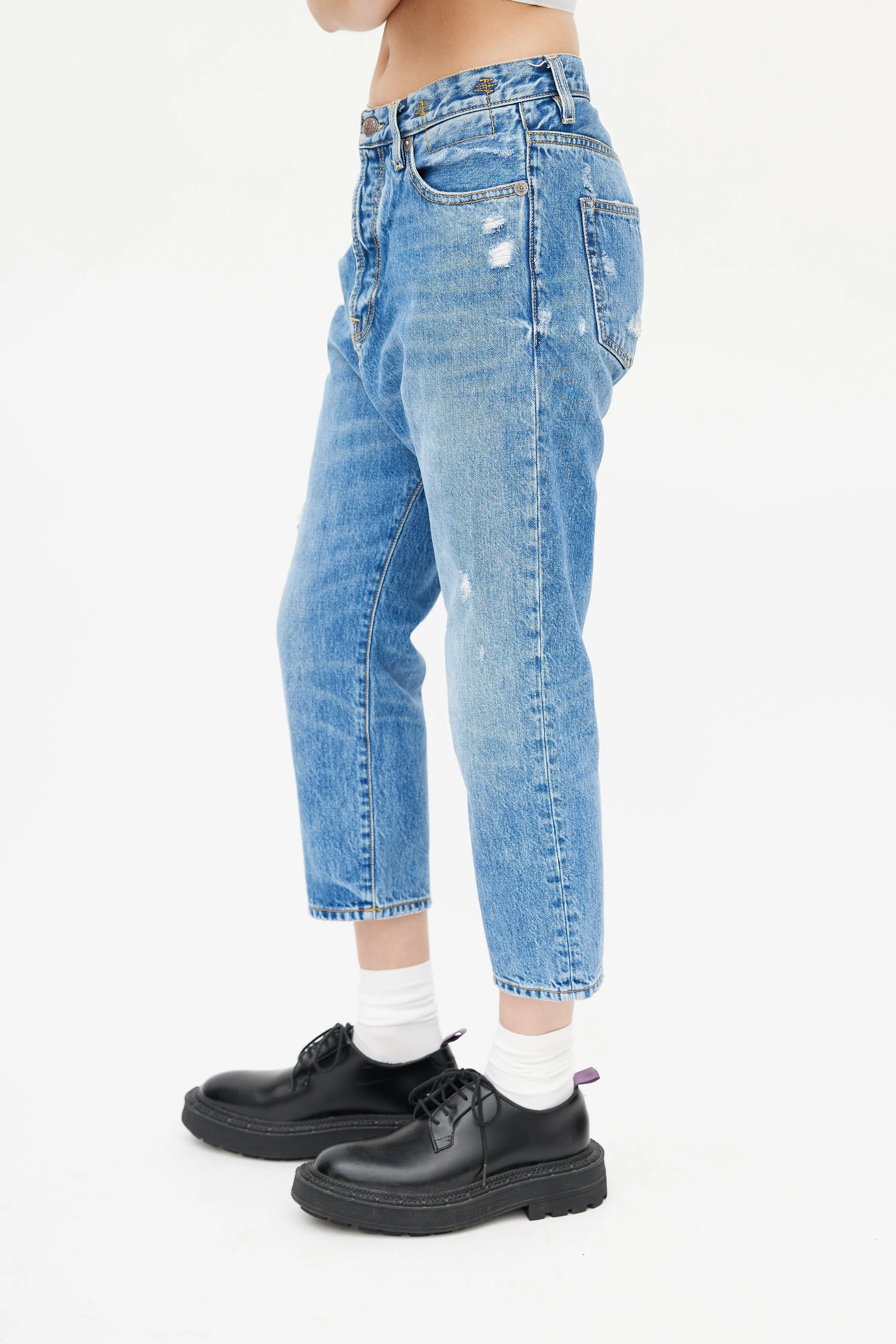 Blue Distressed Cropped Denim Jeans
