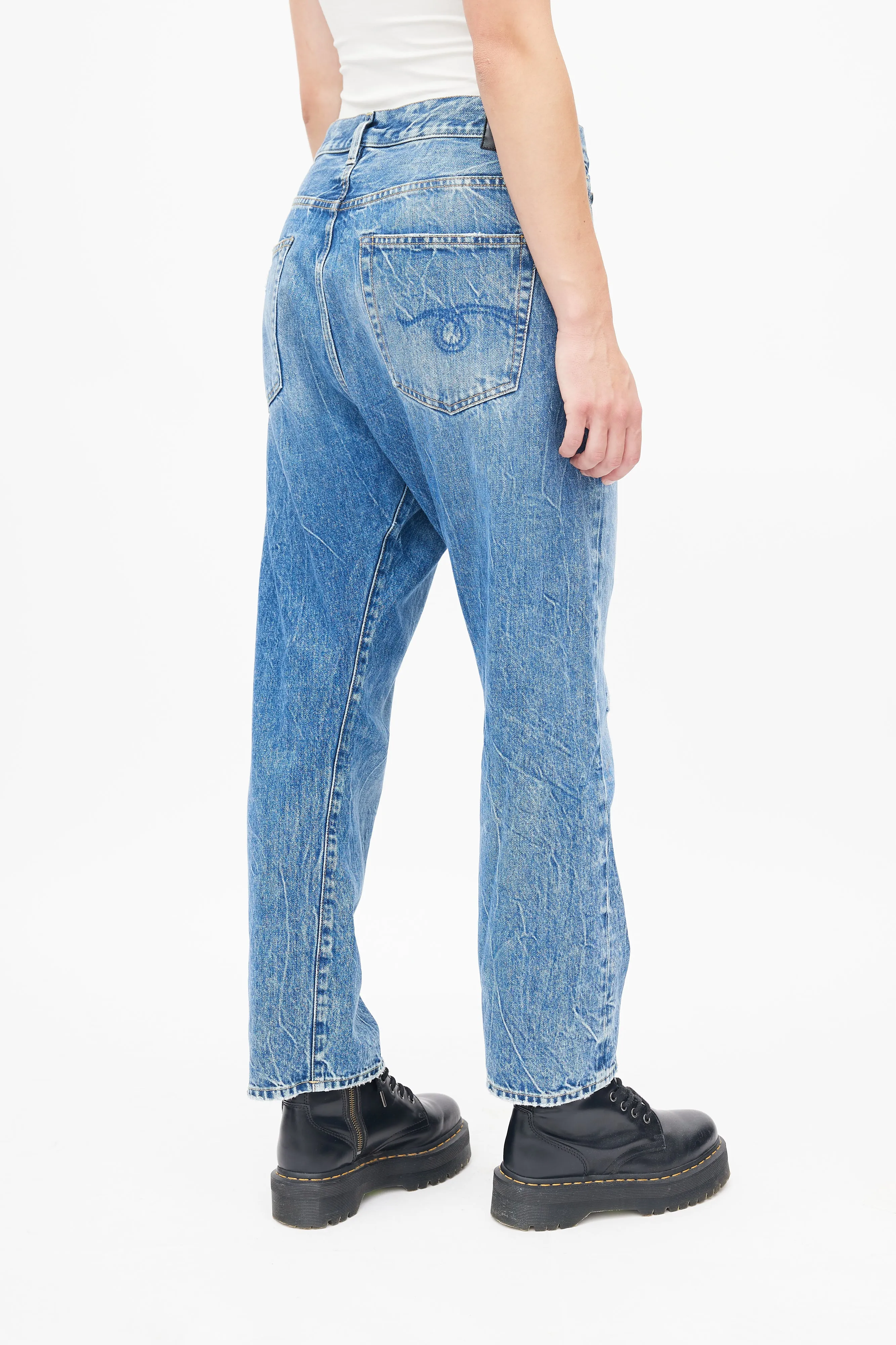 Blue Distressed Washed Crossover Denim Jeans