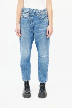 Blue Distressed Washed Crossover Denim Jeans