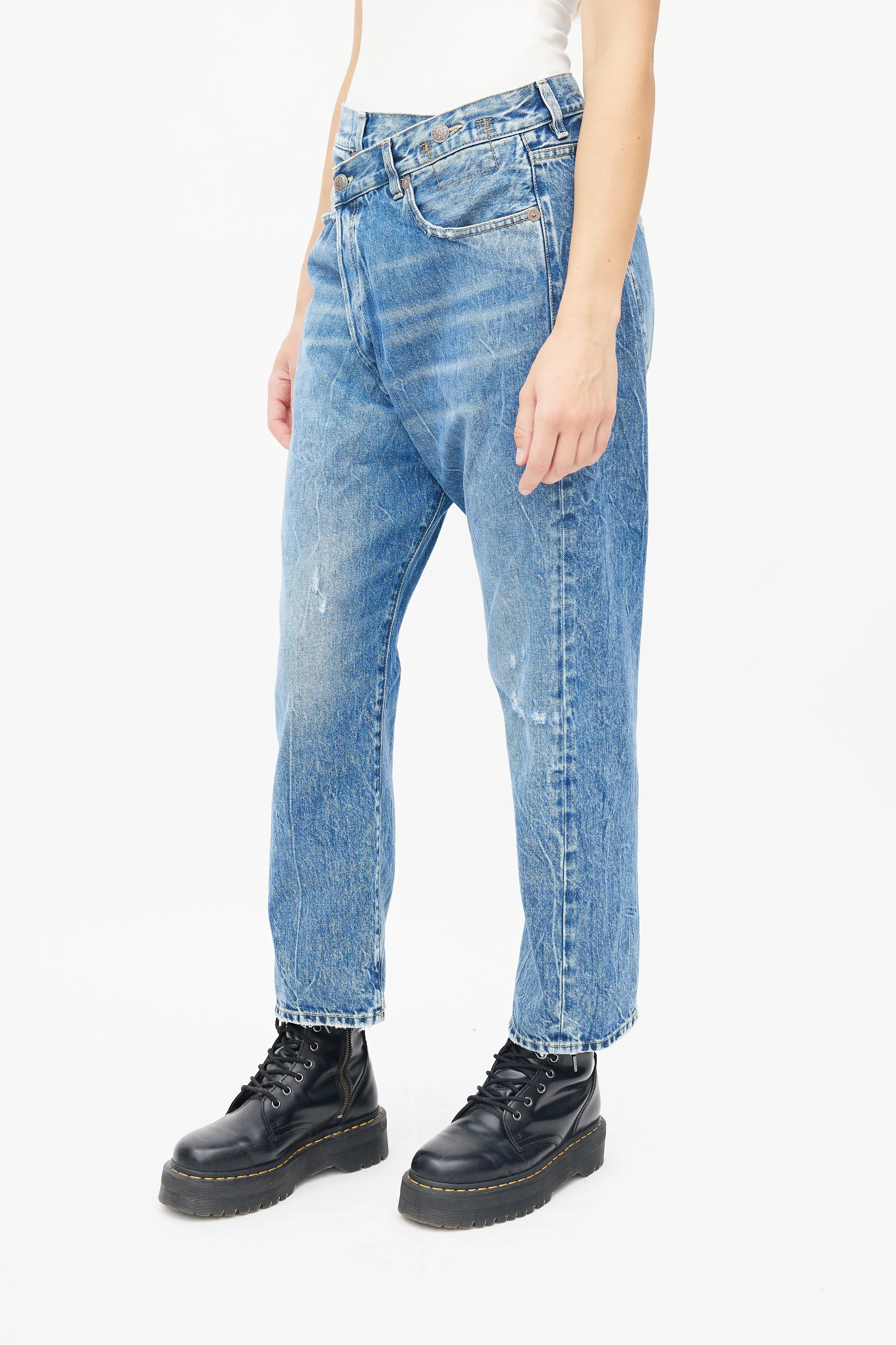 Blue Distressed Washed Crossover Denim Jeans