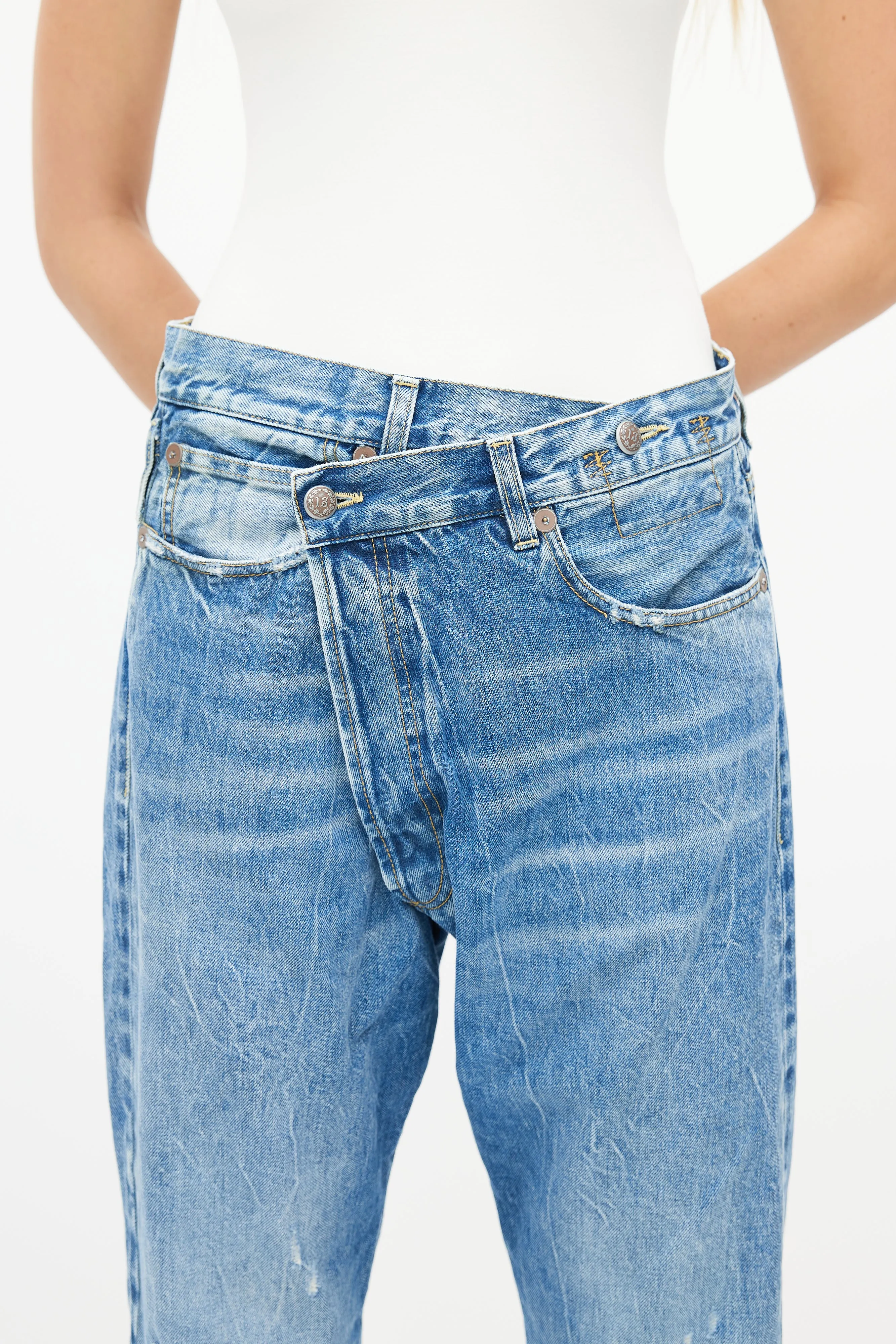 Blue Distressed Washed Crossover Denim Jeans