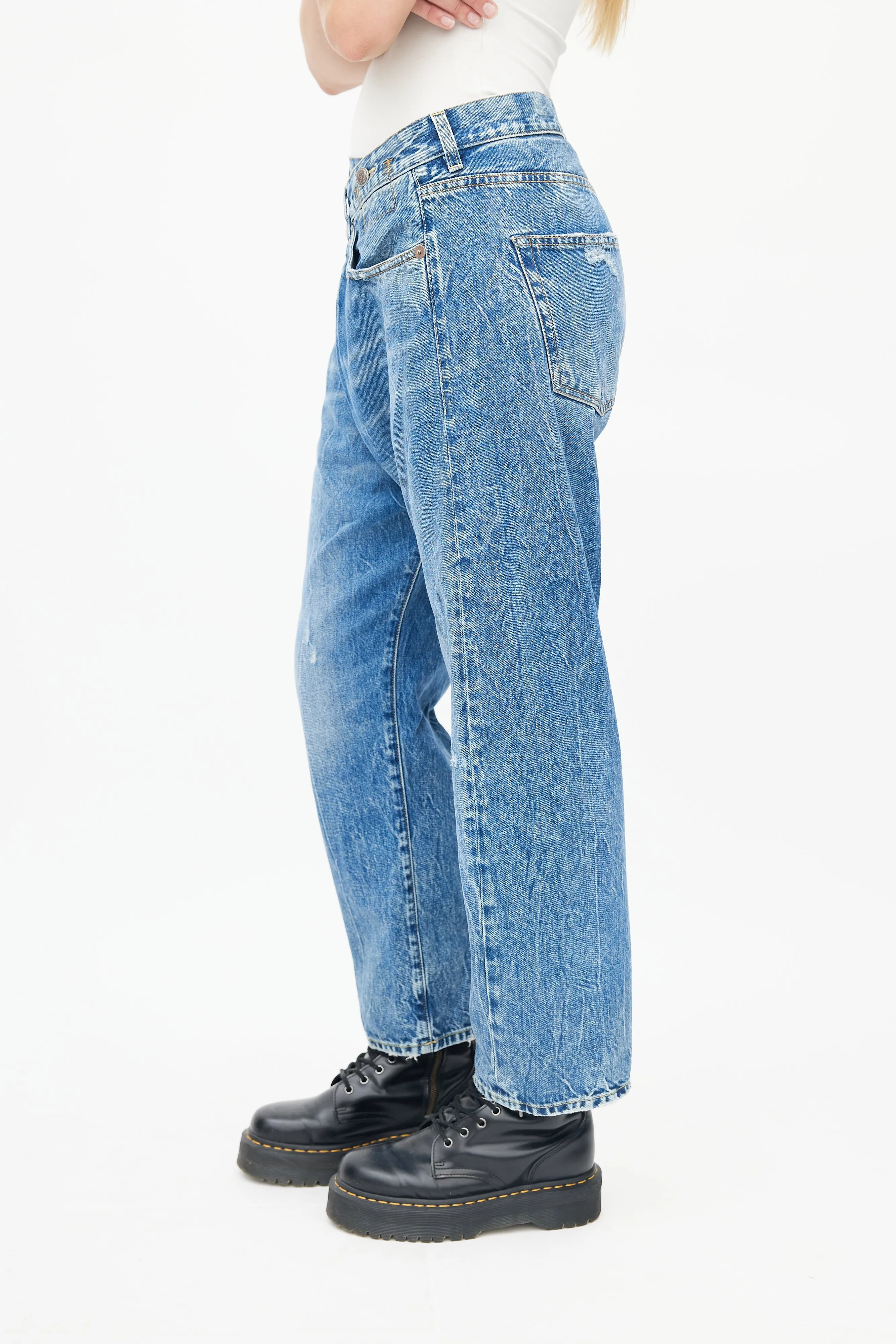 Blue Distressed Washed Crossover Denim Jeans