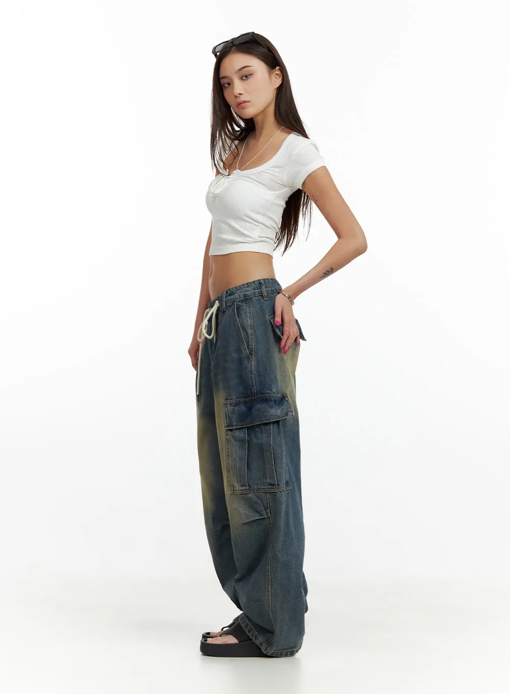 Drawstring Cargo Baggy Jeans CU417