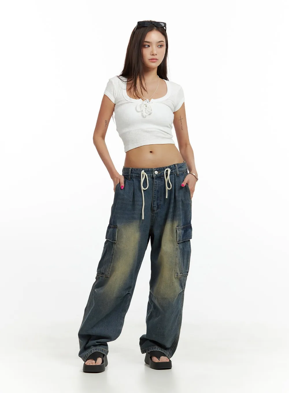 Drawstring Cargo Baggy Jeans CU417