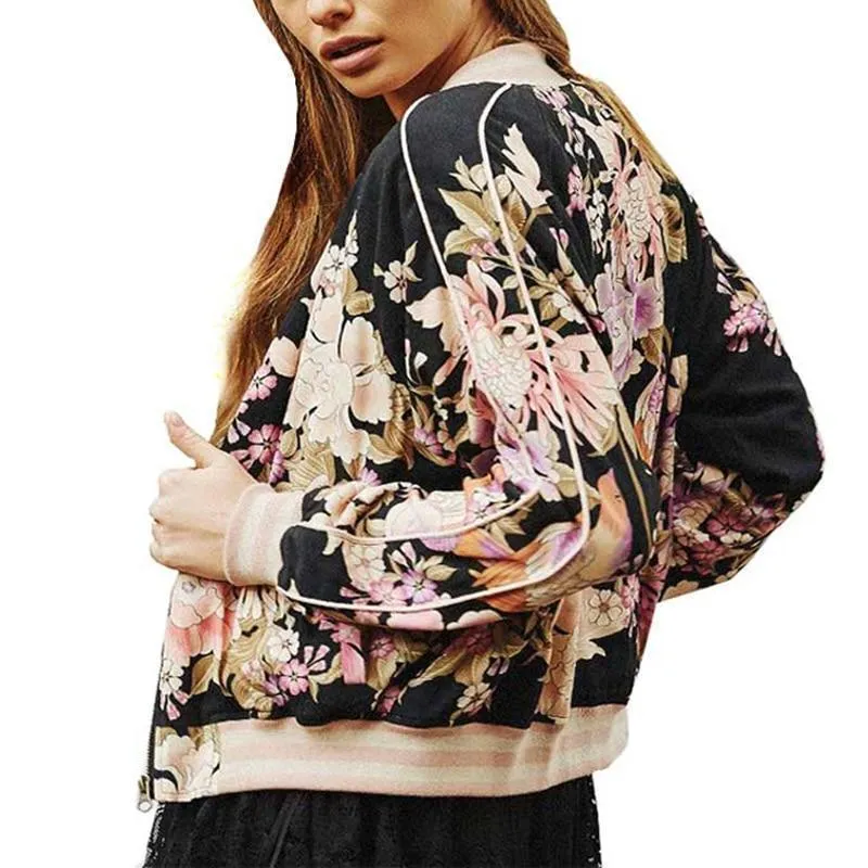 Floral Print Bomber Jacket Women Coat New Fashion O Neck Long Sleeve Streetwear Outwear Casual Casaco Feminino (US 14-18W)