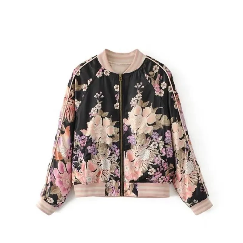Floral Print Bomber Jacket Women Coat New Fashion O Neck Long Sleeve Streetwear Outwear Casual Casaco Feminino (US 14-18W)