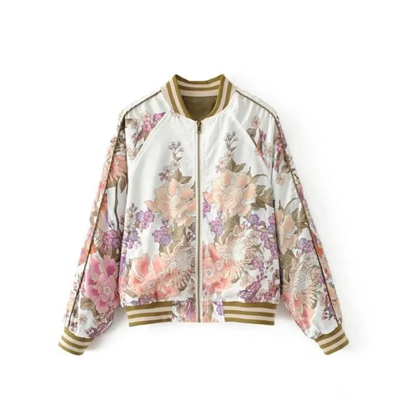 Floral Print Bomber Jacket Women Coat New Fashion O Neck Long Sleeve Streetwear Outwear Casual Casaco Feminino (US 14-18W)