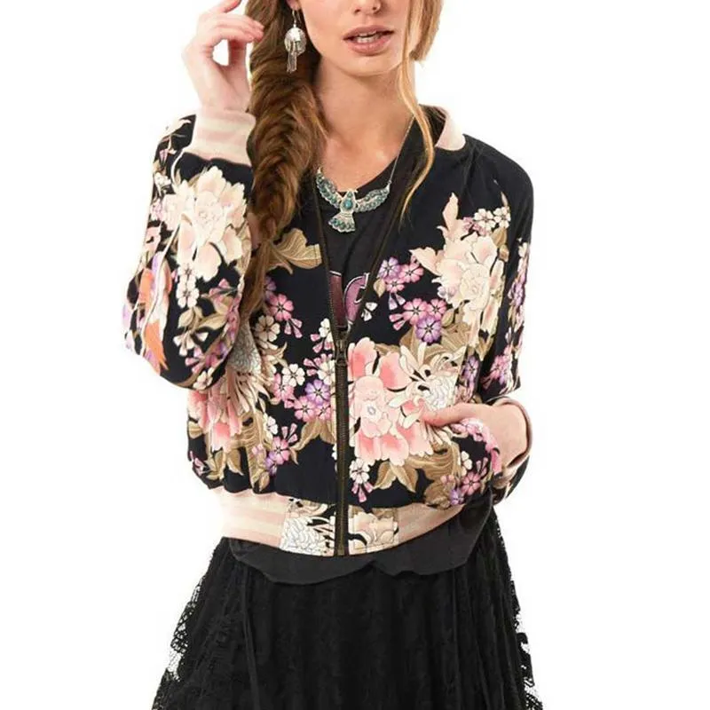 Floral Print Bomber Jacket Women Coat New Fashion O Neck Long Sleeve Streetwear Outwear Casual Casaco Feminino (US 14-18W)