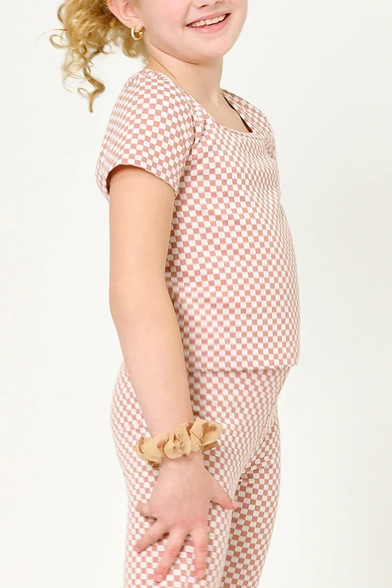 Girls Elastic Waist Checkered Knit Straight Leg Pants - Mauve