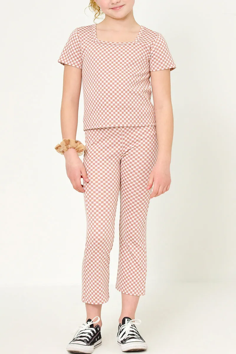 Girls Elastic Waist Checkered Knit Straight Leg Pants - Mauve