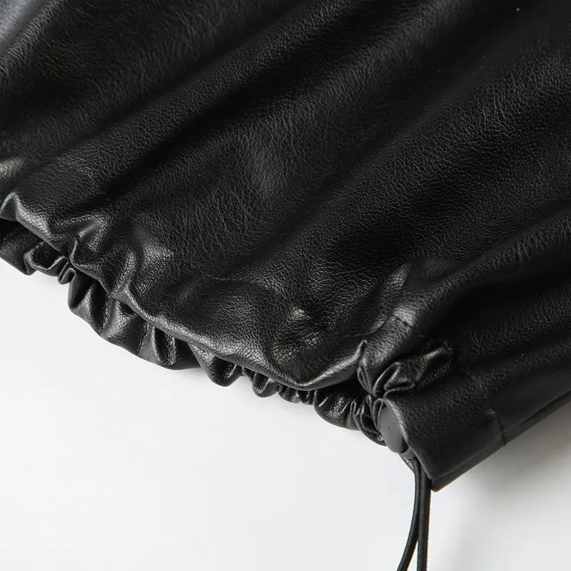 Gothic Black Faux Leather Jacket Women Hooded Zip Up Short Coats Fashion High Street Drawstring Bomber Jackets Punk Style