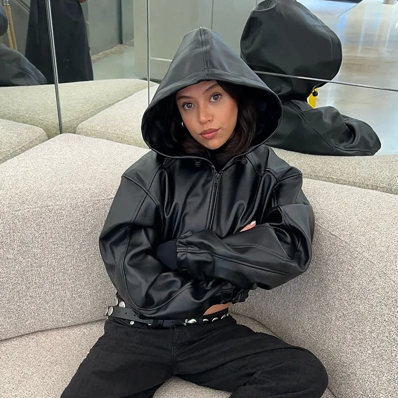 Gothic Black Faux Leather Jacket Women Hooded Zip Up Short Coats Fashion High Street Drawstring Bomber Jackets Punk Style