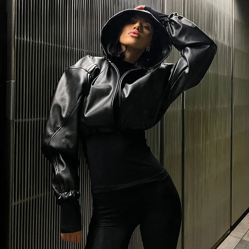 Gothic Black Faux Leather Jacket Women Hooded Zip Up Short Coats Fashion High Street Drawstring Bomber Jackets Punk Style