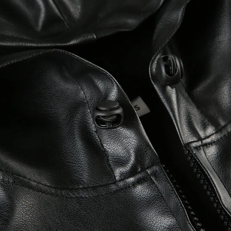 Gothic Black Faux Leather Jacket Women Hooded Zip Up Short Coats Fashion High Street Drawstring Bomber Jackets Punk Style