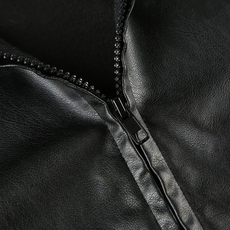 Gothic Black Faux Leather Jacket Women Hooded Zip Up Short Coats Fashion High Street Drawstring Bomber Jackets Punk Style