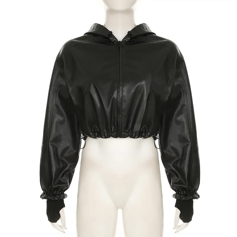 Gothic Black Faux Leather Jacket Women Hooded Zip Up Short Coats Fashion High Street Drawstring Bomber Jackets Punk Style