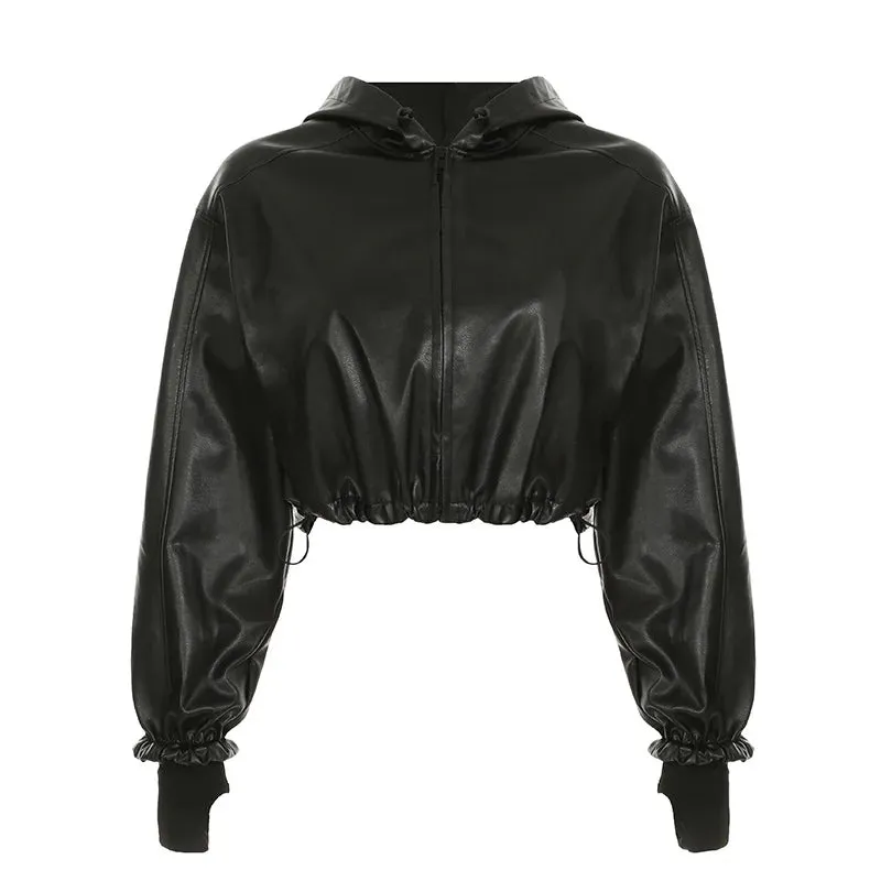Gothic Black Faux Leather Jacket Women Hooded Zip Up Short Coats Fashion High Street Drawstring Bomber Jackets Punk Style