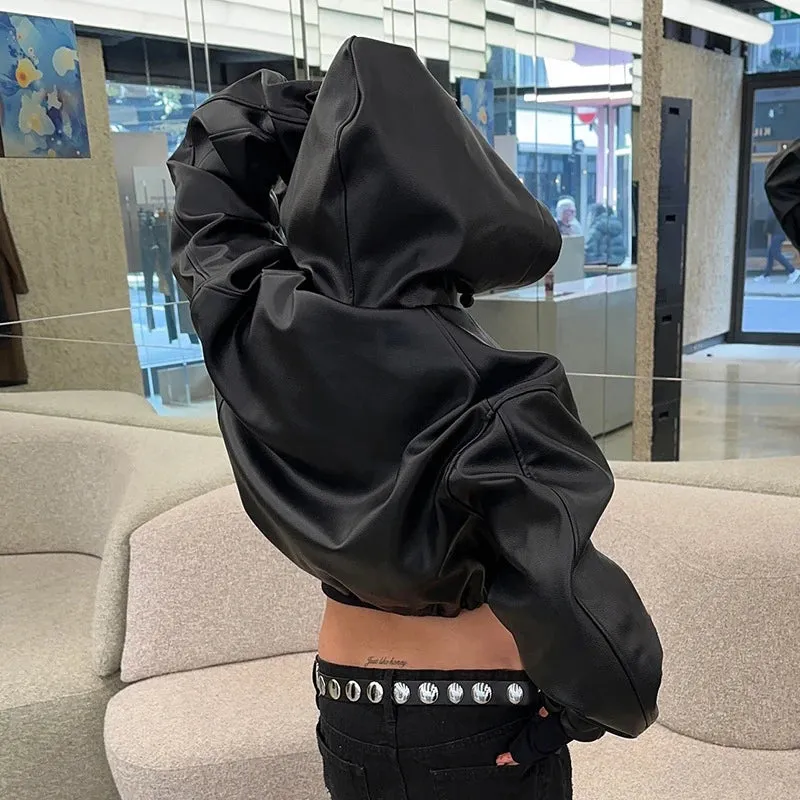Gothic Black Faux Leather Jacket Women Hooded Zip Up Short Coats Fashion High Street Drawstring Bomber Jackets Punk Style