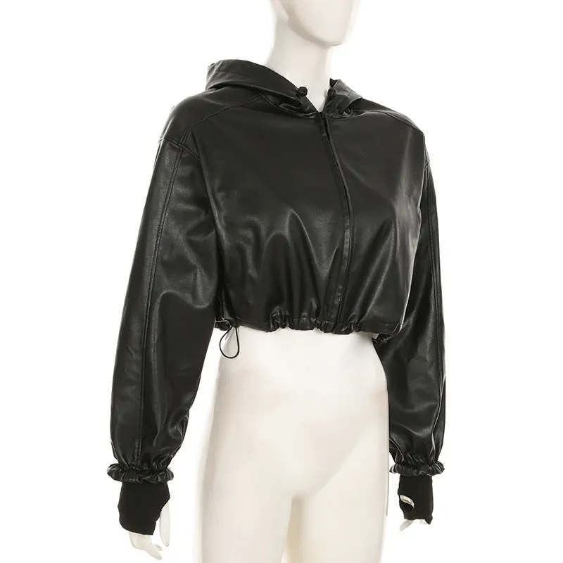 Gothic Black Faux Leather Jacket Women Hooded Zip Up Short Coats Fashion High Street Drawstring Bomber Jackets Punk Style