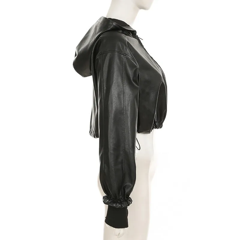 Gothic Black Faux Leather Jacket Women Hooded Zip Up Short Coats Fashion High Street Drawstring Bomber Jackets Punk Style