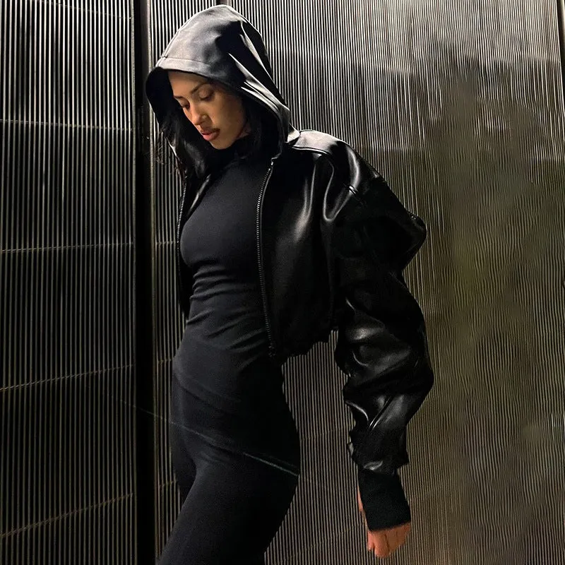 Gothic Black Faux Leather Jacket Women Hooded Zip Up Short Coats Fashion High Street Drawstring Bomber Jackets Punk Style