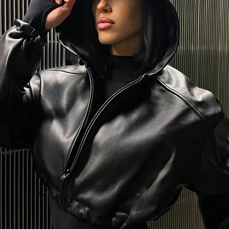 Gothic Black Faux Leather Jacket Women Hooded Zip Up Short Coats Fashion High Street Drawstring Bomber Jackets Punk Style