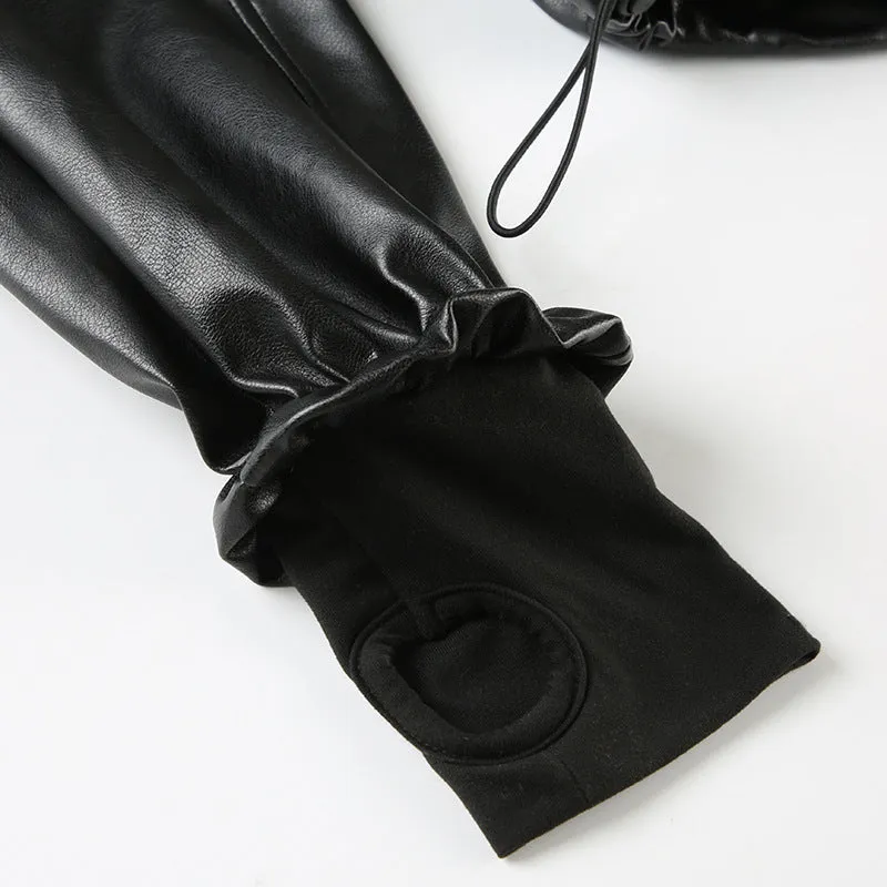 Gothic Black Faux Leather Jacket Women Hooded Zip Up Short Coats Fashion High Street Drawstring Bomber Jackets Punk Style