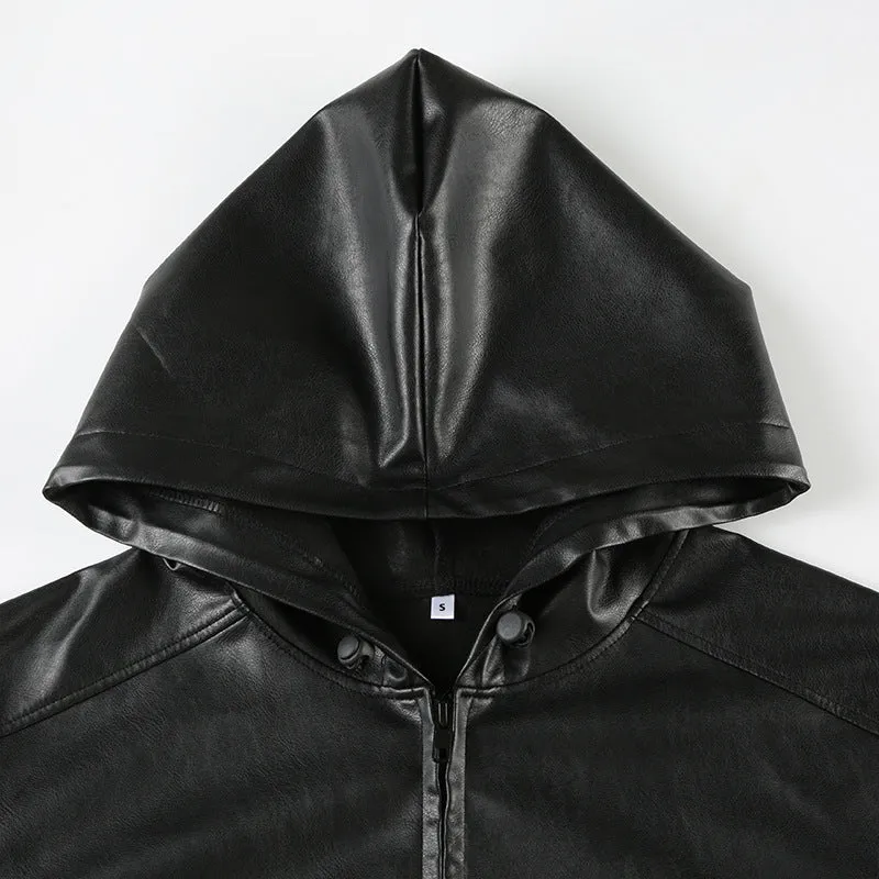 Gothic Black Faux Leather Jacket Women Hooded Zip Up Short Coats Fashion High Street Drawstring Bomber Jackets Punk Style