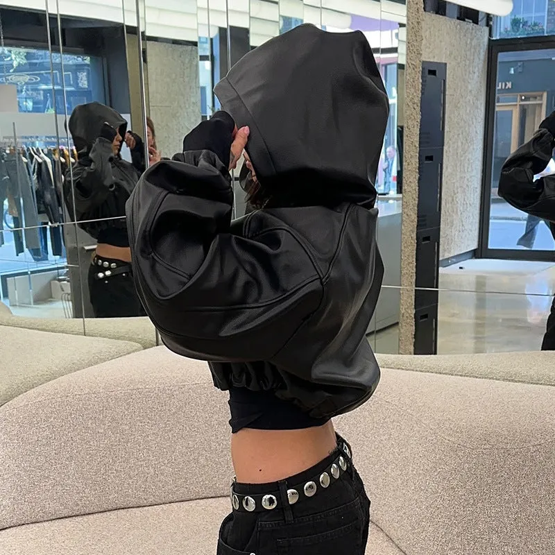 Gothic Black Faux Leather Jacket Women Hooded Zip Up Short Coats Fashion High Street Drawstring Bomber Jackets Punk Style