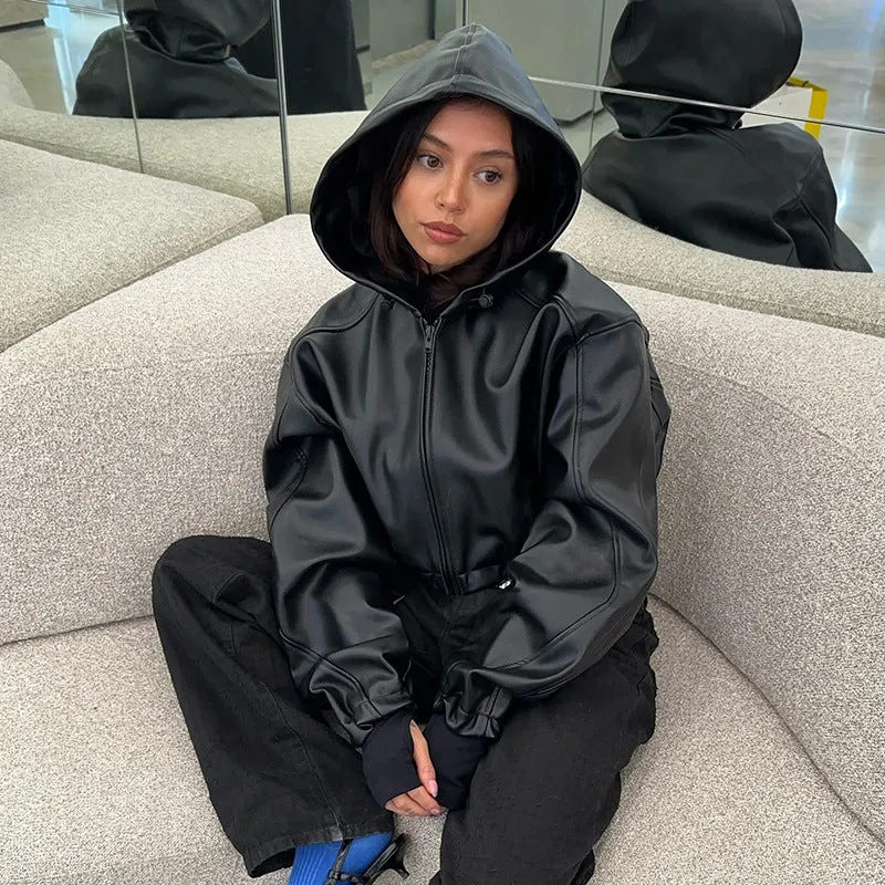 Gothic Black Faux Leather Jacket Women Hooded Zip Up Short Coats Fashion High Street Drawstring Bomber Jackets Punk Style