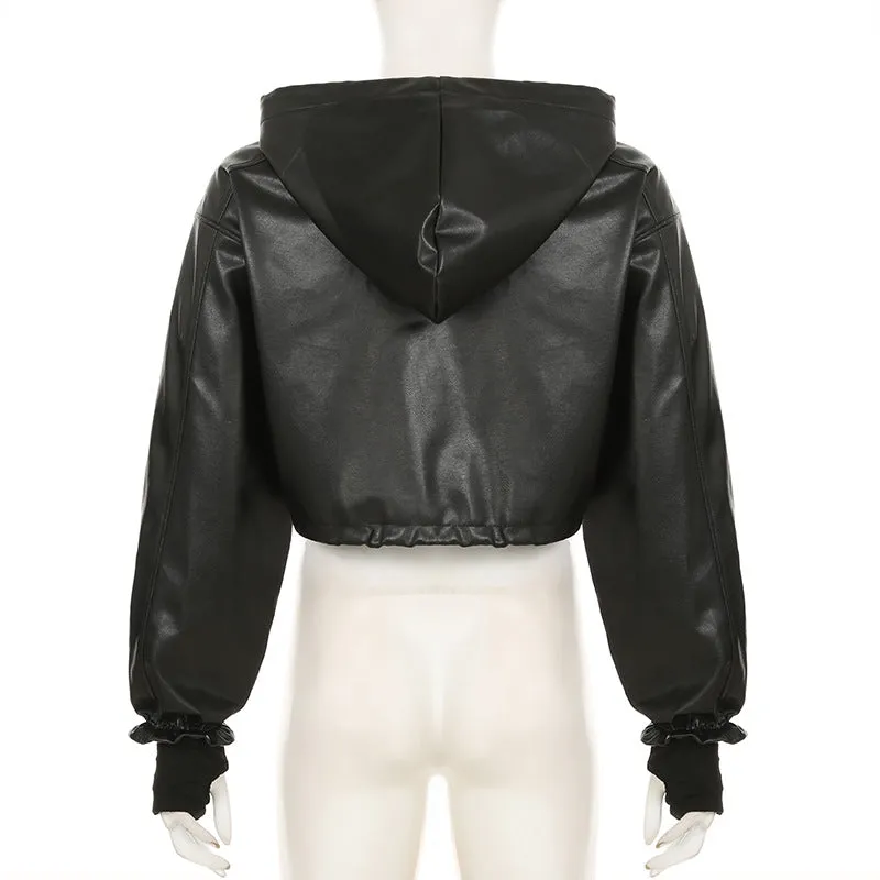 Gothic Black Faux Leather Jacket Women Hooded Zip Up Short Coats Fashion High Street Drawstring Bomber Jackets Punk Style