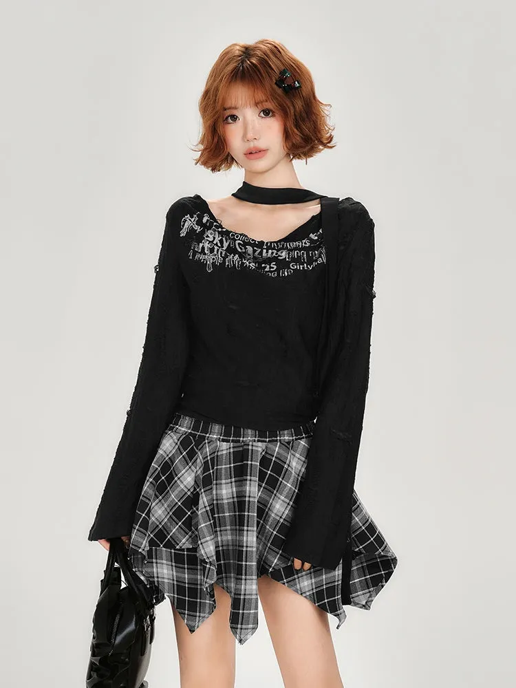 Graffiti Print Distressed Black Choker Crop Top
