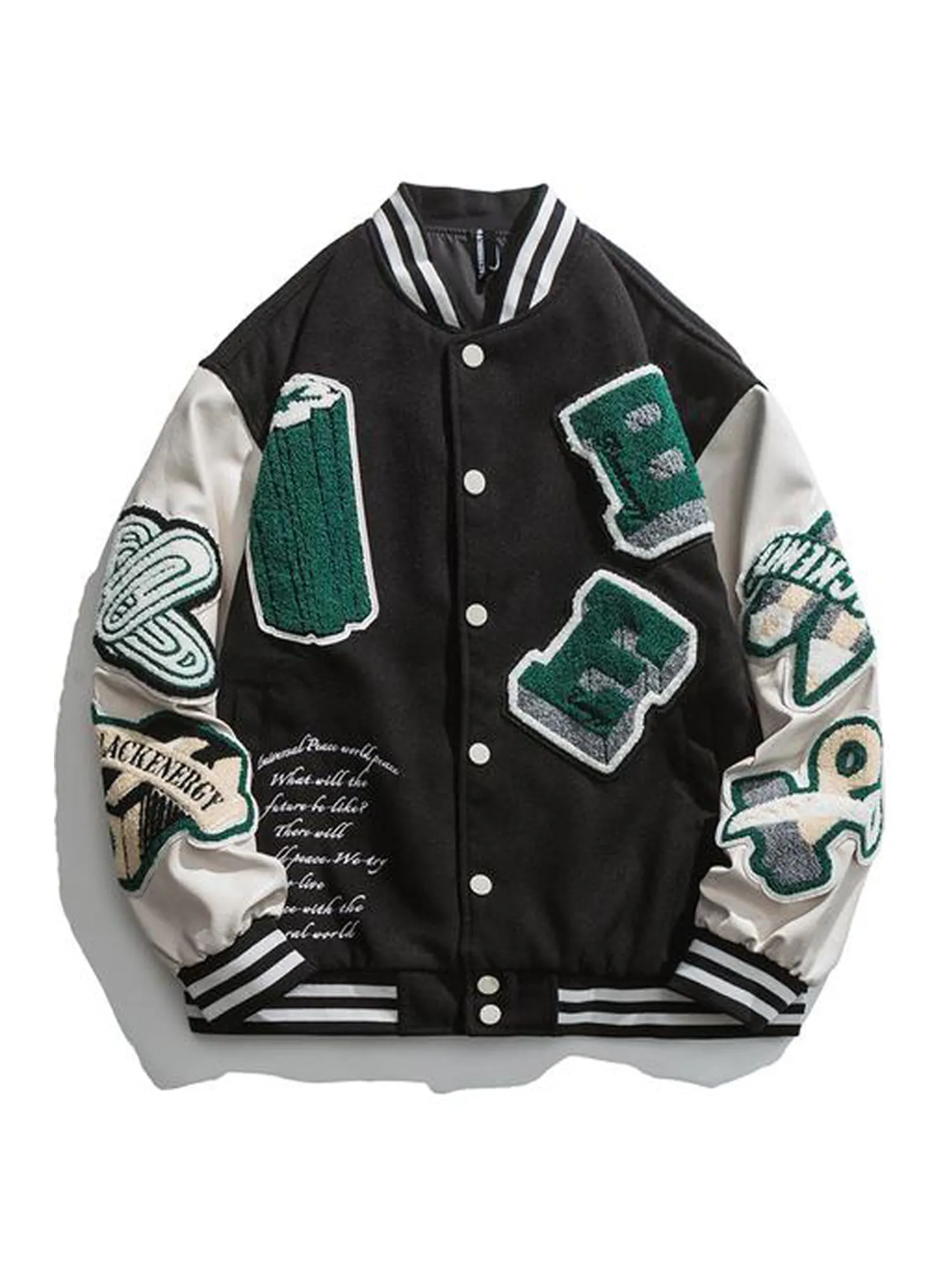 JUSTNOTAG Letter Color Block Cotton Baseball Collar Preppy Varsity Jacket