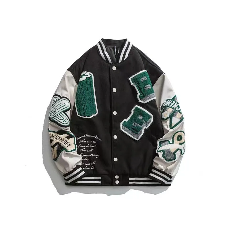 Letter Color Block Cotton Baseball Collar Preppy Varsity Jacket