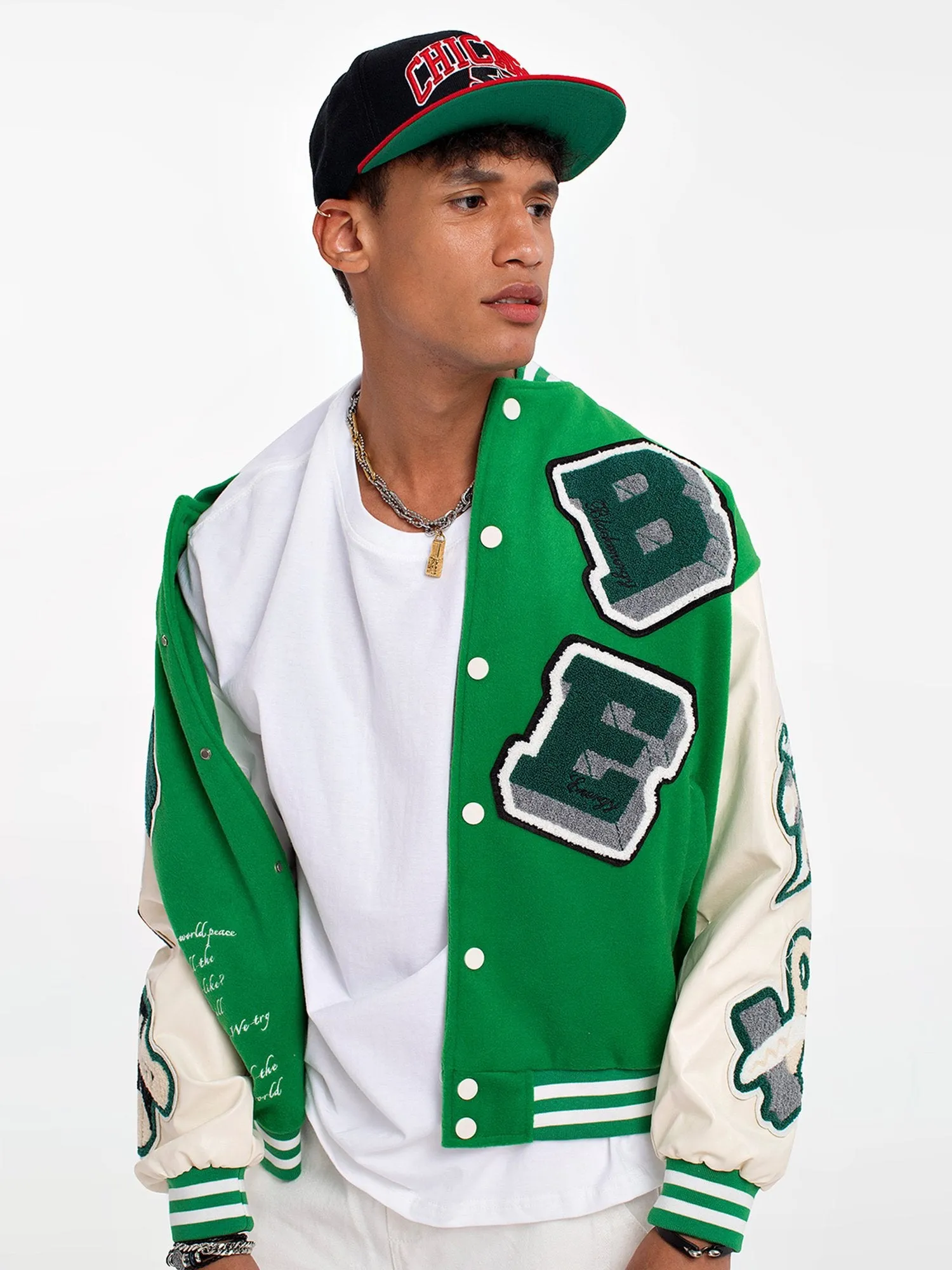 Letter Color Block Cotton Baseball Collar Preppy Varsity Jacket