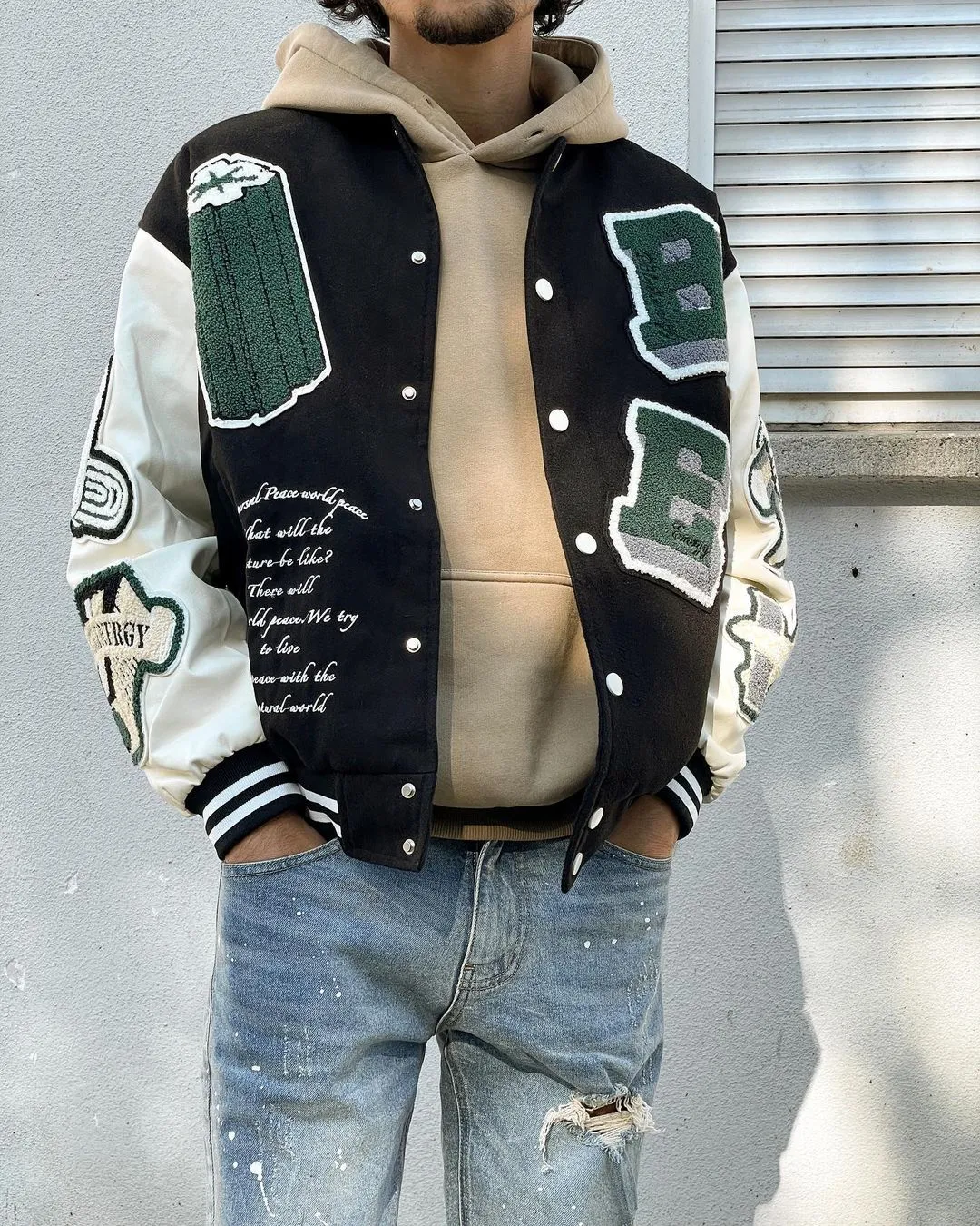 Letter Color Block Cotton Baseball Collar Preppy Varsity Jacket