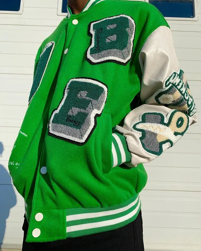 Letter Color Block Cotton Baseball Collar Preppy Varsity Jacket
