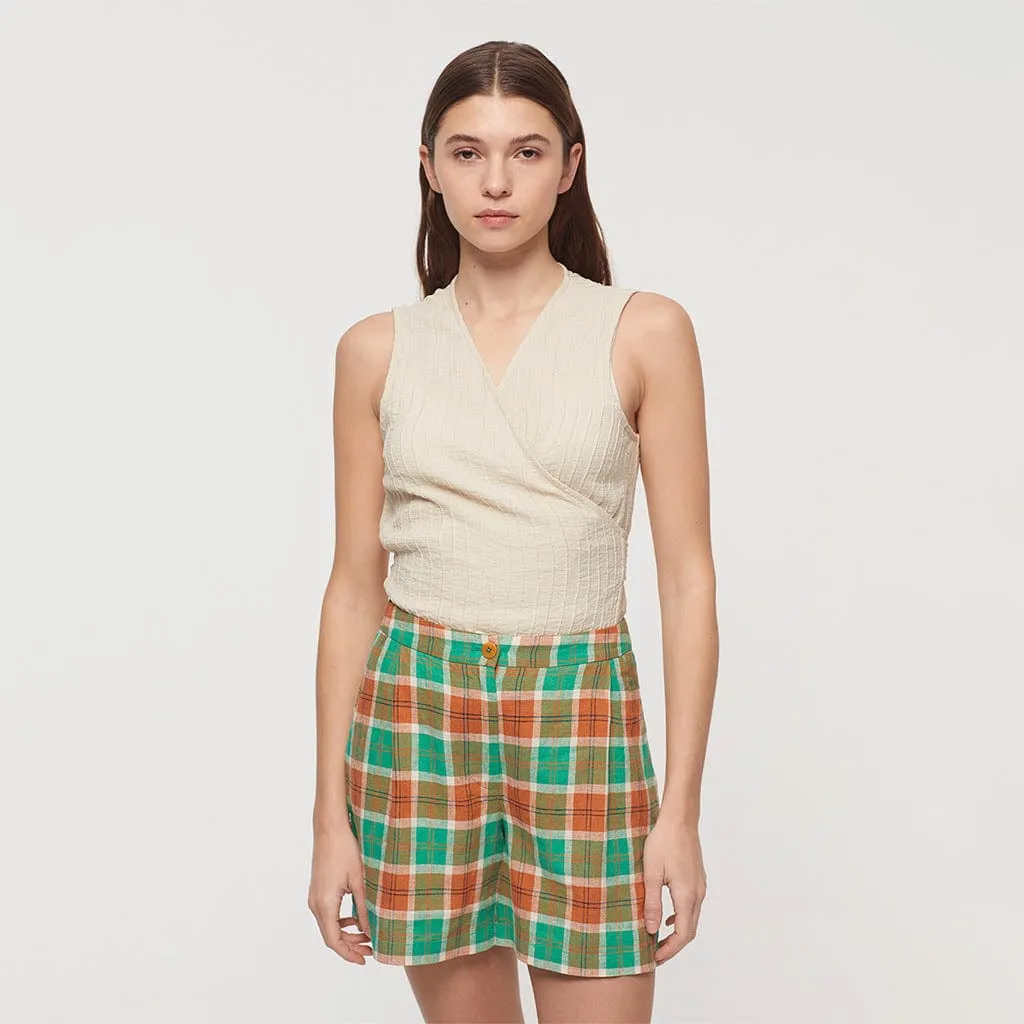 Nice Things Multicolour Check Linen Shorts Shiny Green