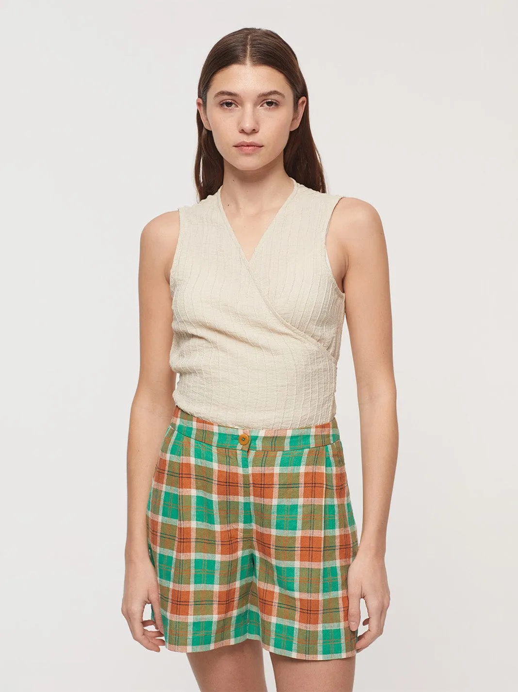 Nice Things Multicolour Check Linen Shorts Shiny Green