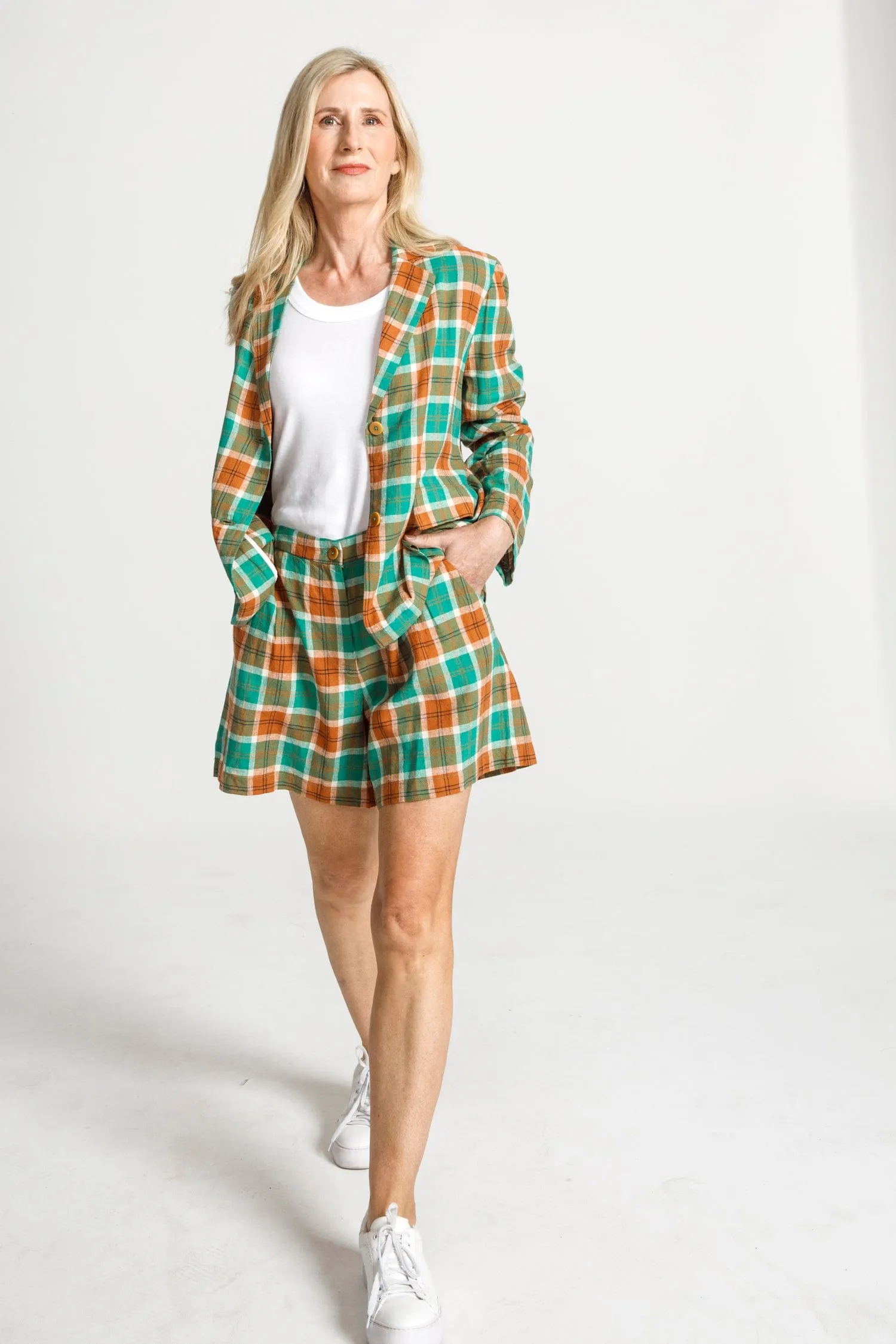 Nice Things Multicolour Check Linen Shorts Shiny Green