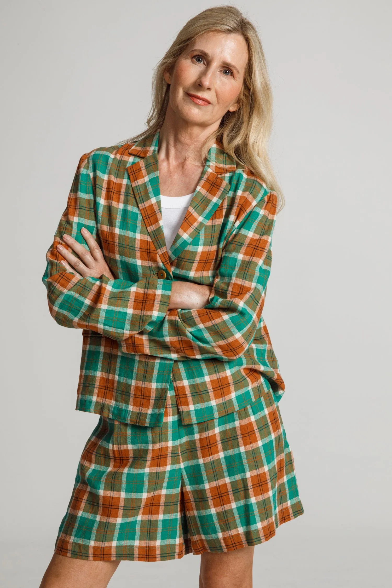 Nice Things Multicolour Check Linen Shorts Shiny Green