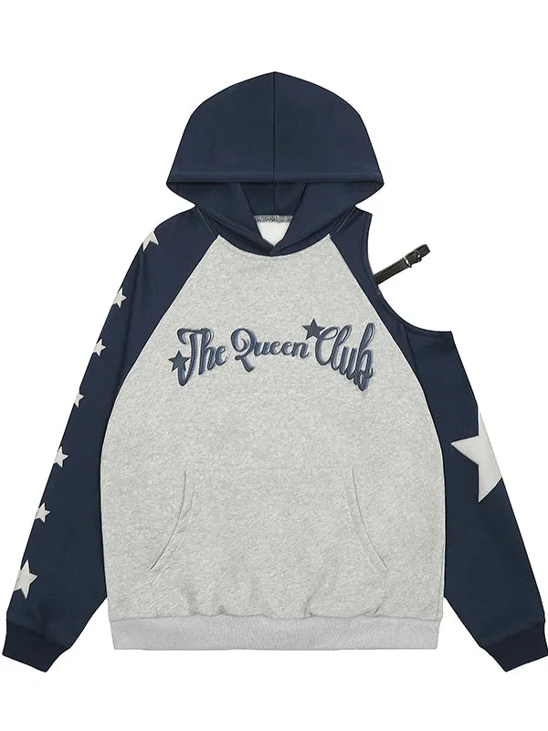 Red/Blue Letters Print Colorblock Design Cutout Shoulder Hoodie